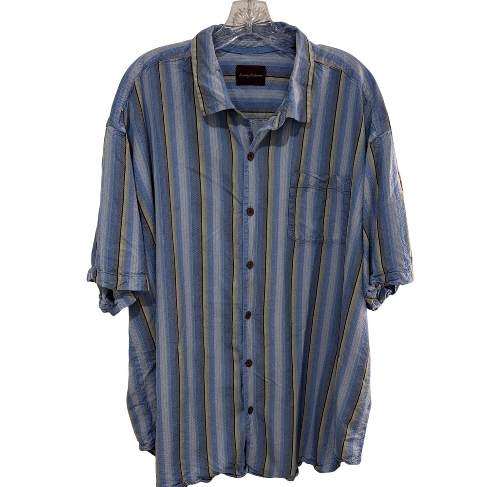 Tommy Bahama Light Blue Striped Button Front Shirt Mens XXL Silk Short Sleeve